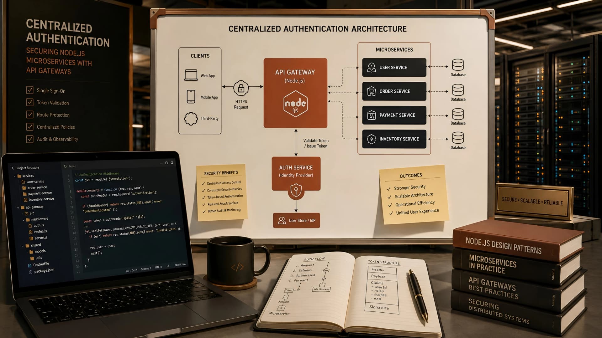 Muhyo Tech — editorial blog cover illustrating Centralized Authentication: Securing Node.js Microservices with API Gateways