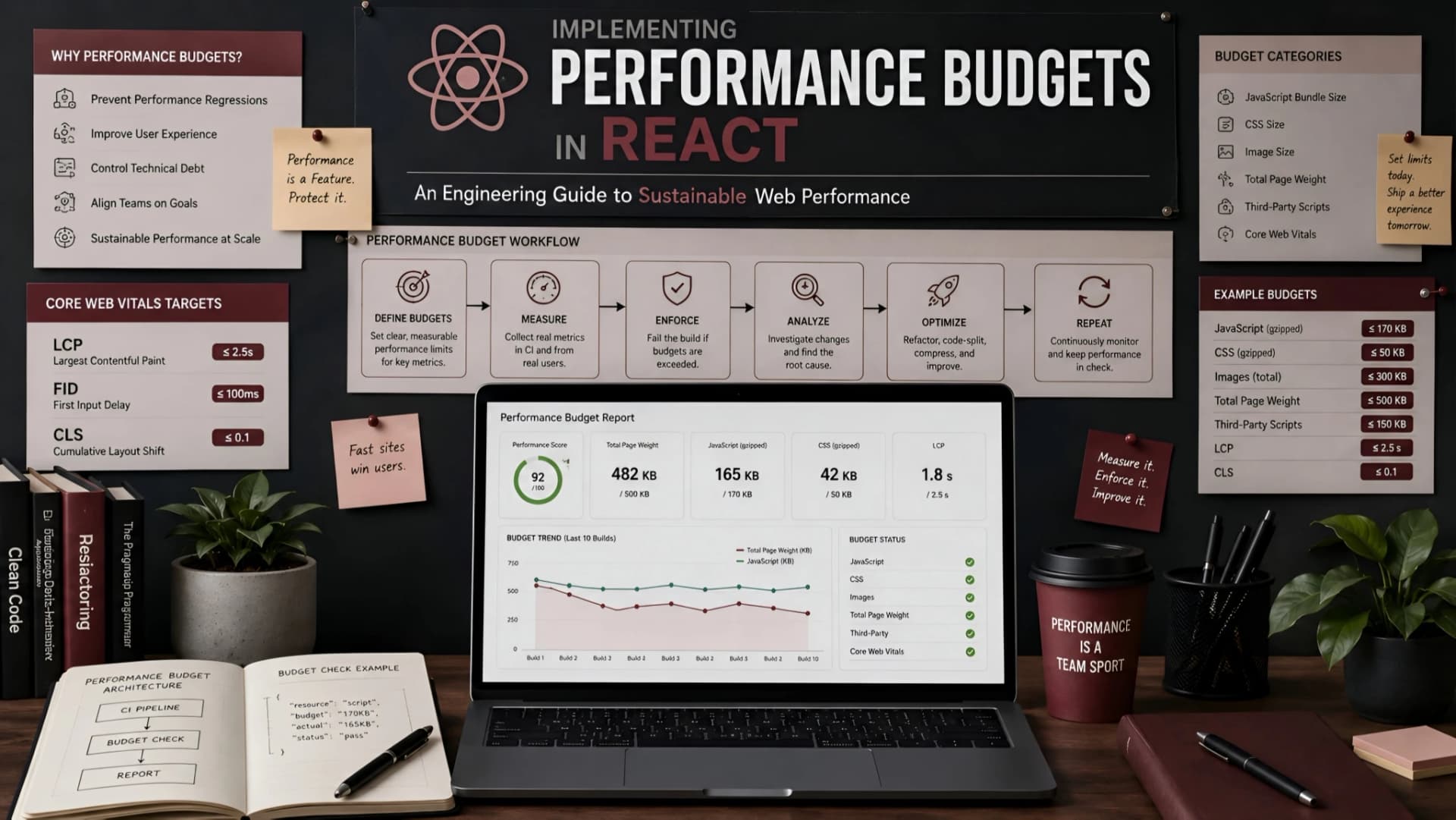 Muhyo Tech — editorial blog cover illustrating Implementing Performance Budgets in React: An Engineering Guide to Sustainable Web Performance