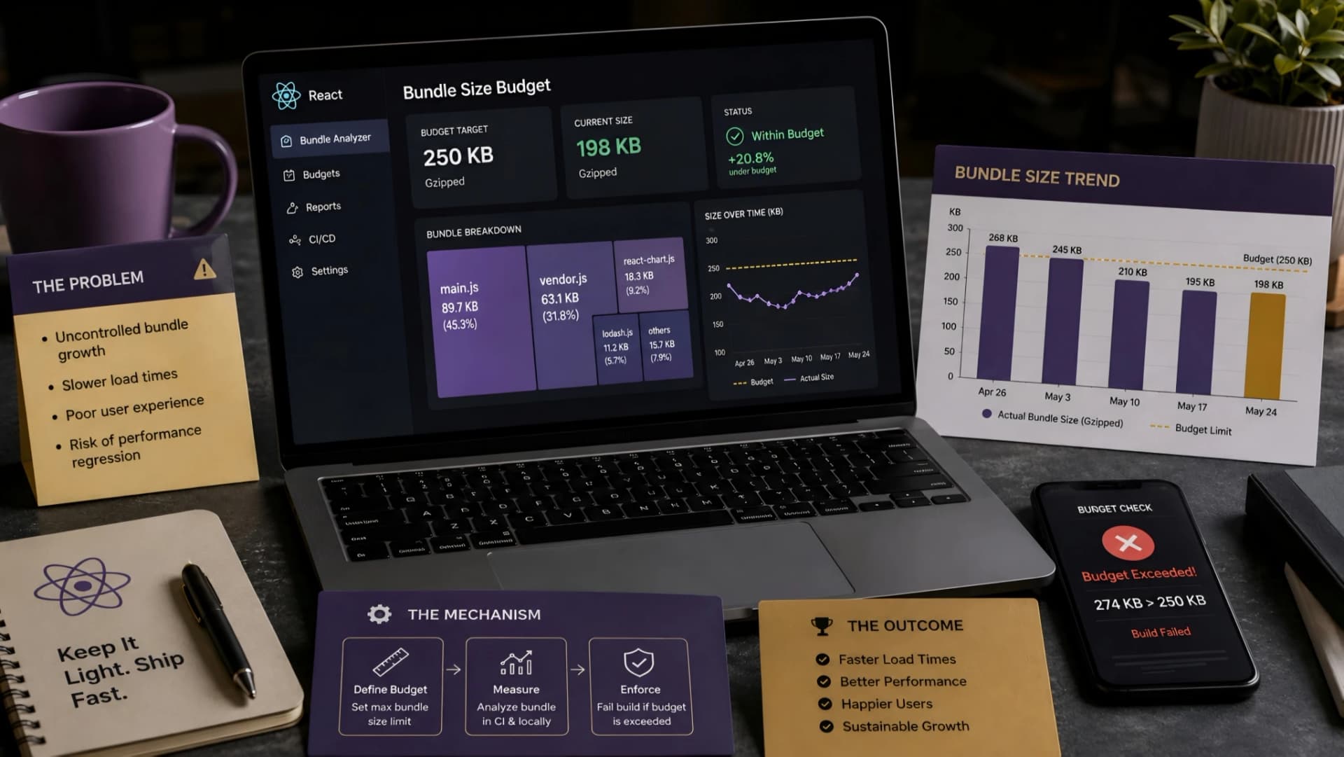 Muhyo Tech — editorial blog cover illustrating Setting and Monitoring JavaScript Bundle Size Budgets in React Applications