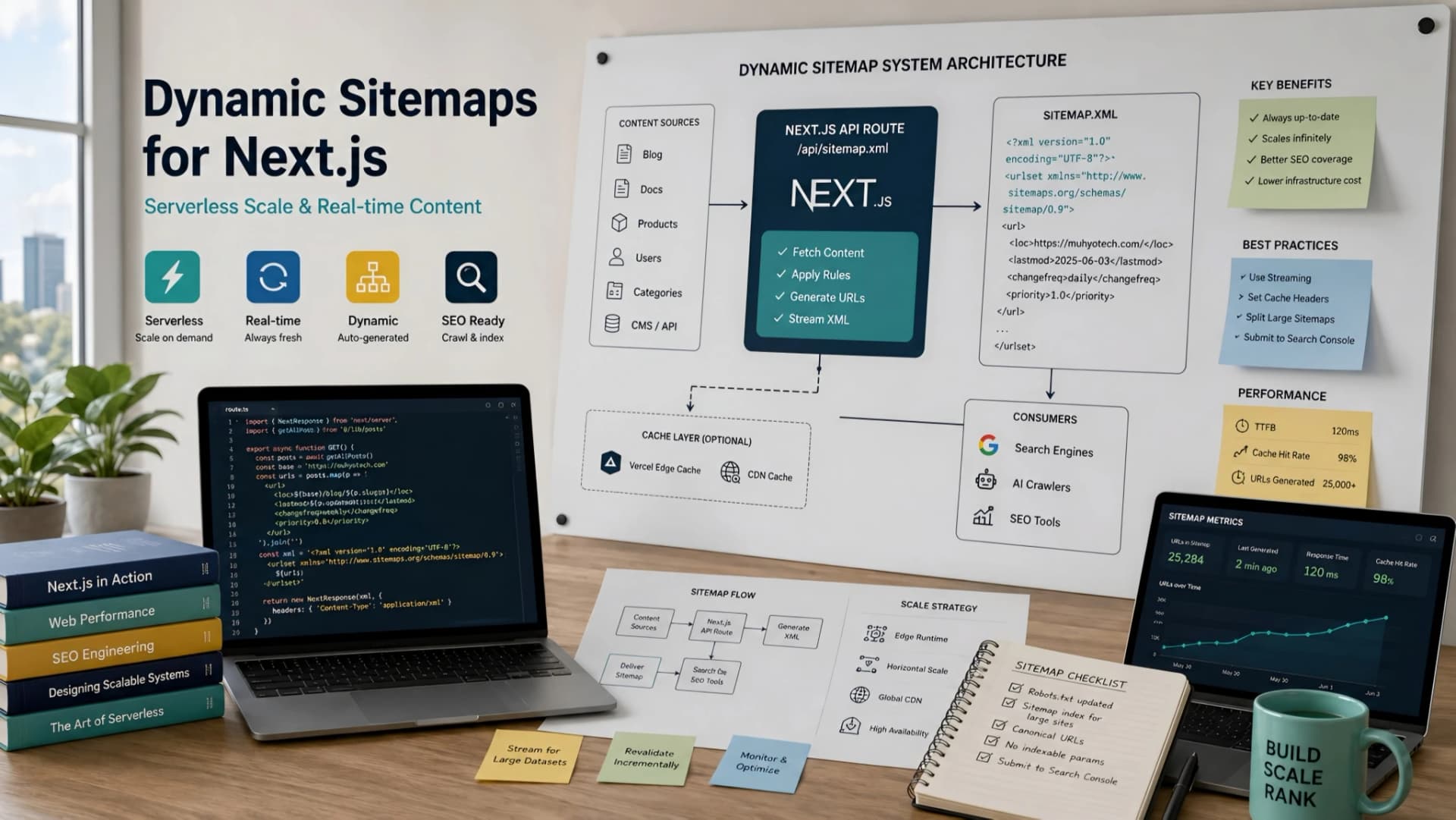 Muhyo Tech — editorial blog cover illustrating Dynamic Sitemaps for Next.js: Serverless Scale & Real-time Content