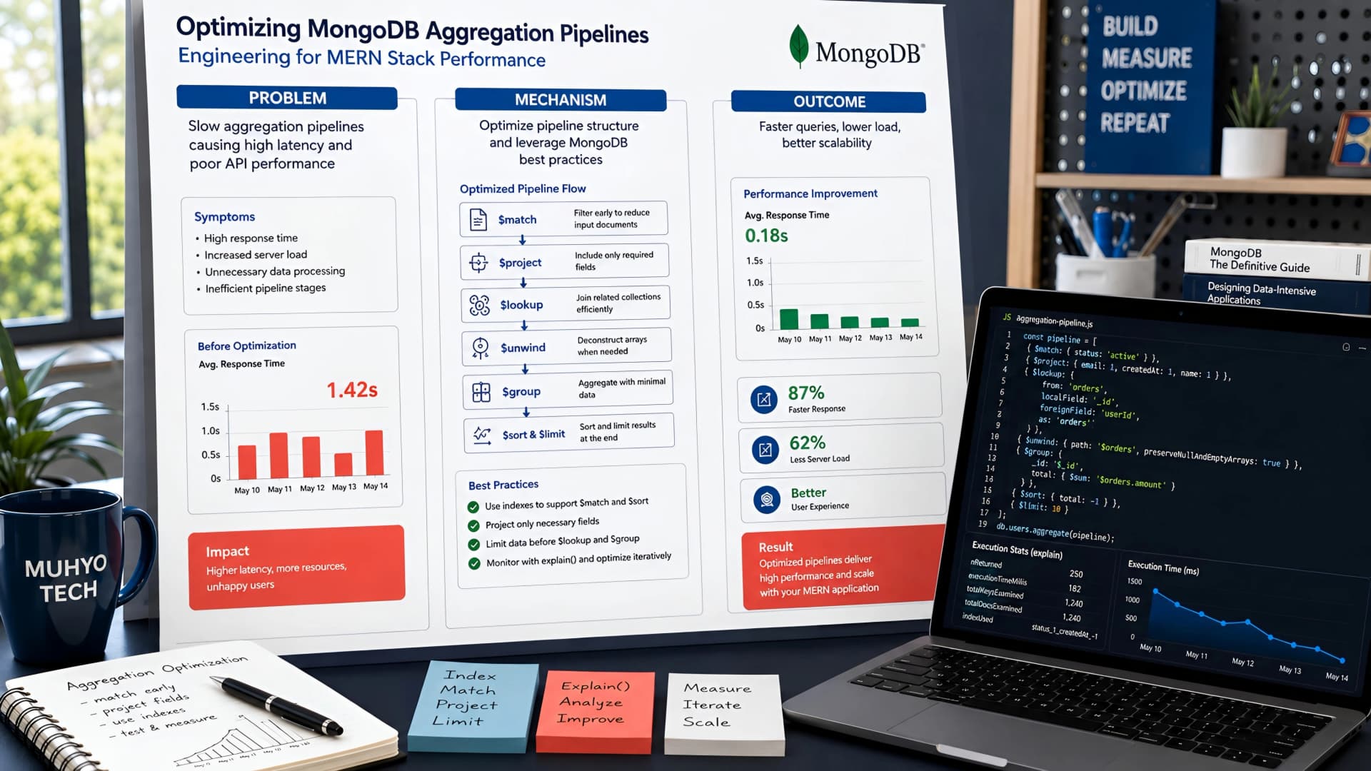 Muhyo Tech — editorial blog cover illustrating Optimizing MongoDB Aggregation Pipelines: Engineering for MERN Stack Performance