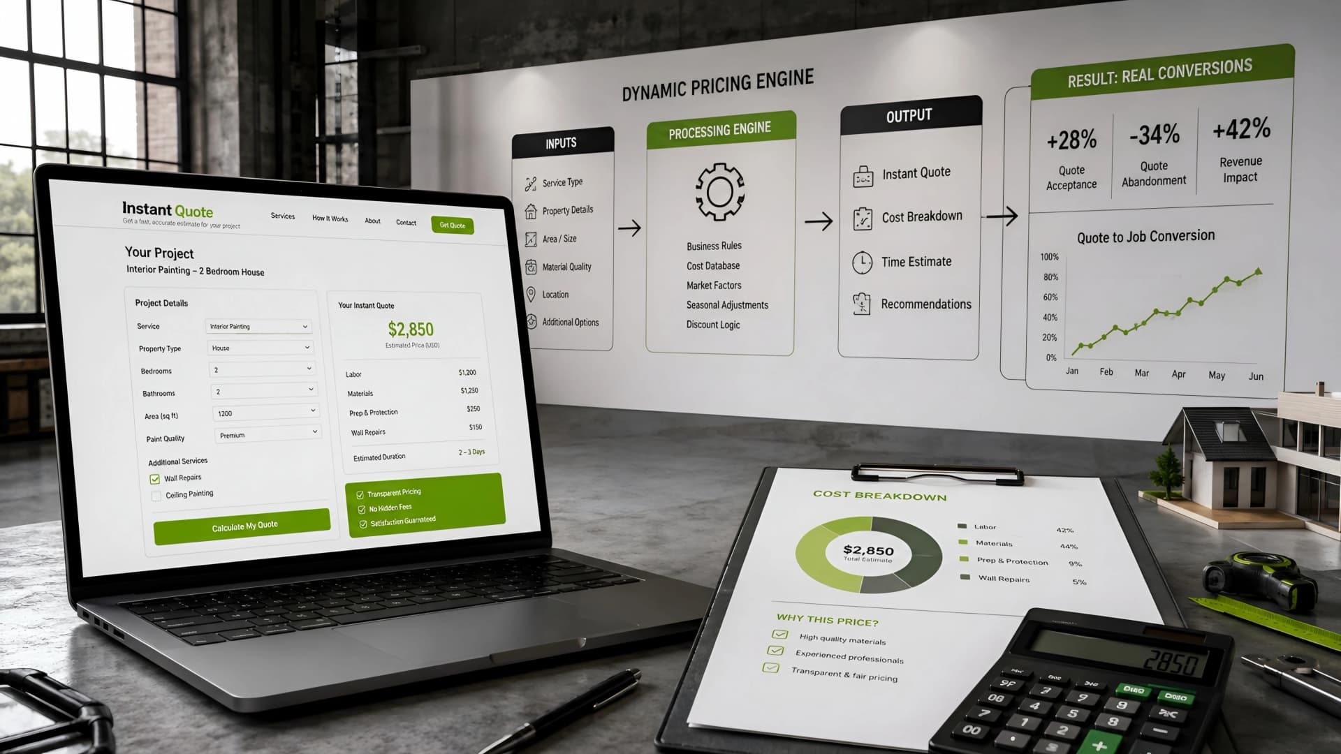 Muhyo Tech — editorial blog cover illustrating Instant Quotes, Real Conversions: Building a Dynamic Pricing Calculator for Home Services