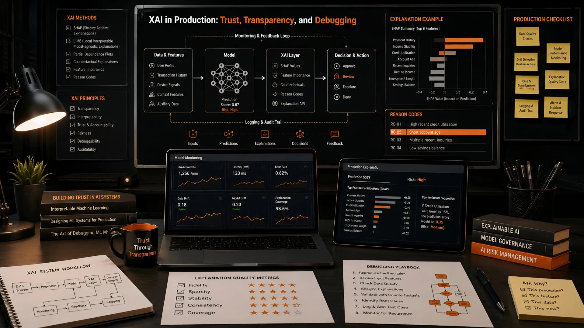 Muhyo Tech — editorial blog cover illustrating Engineering Explainable AI (XAI) for Production Systems: Trust, Transparency, and Debugging