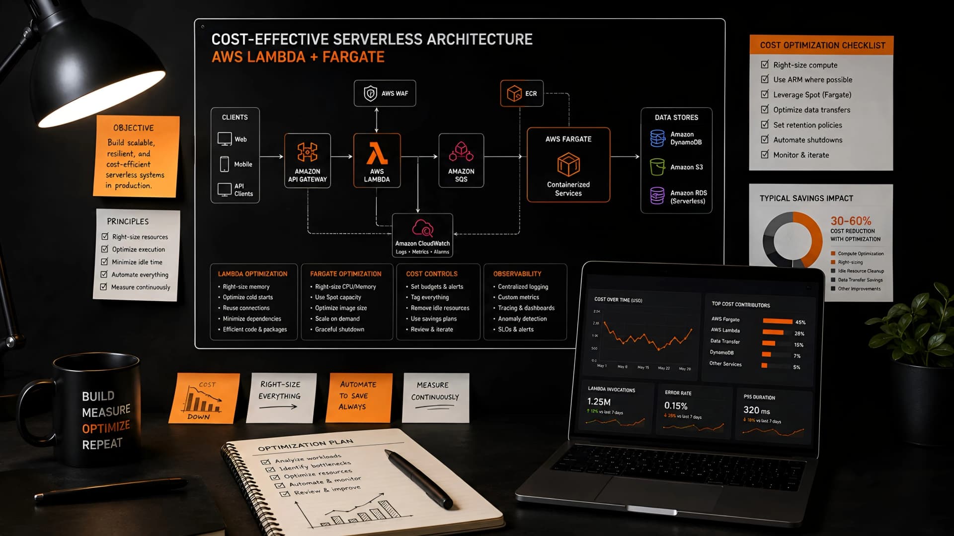 Muhyo Tech — editorial blog cover illustrating Engineering for Cost-Effective Serverless: Optimizing AWS Lambda & Fargate for Production