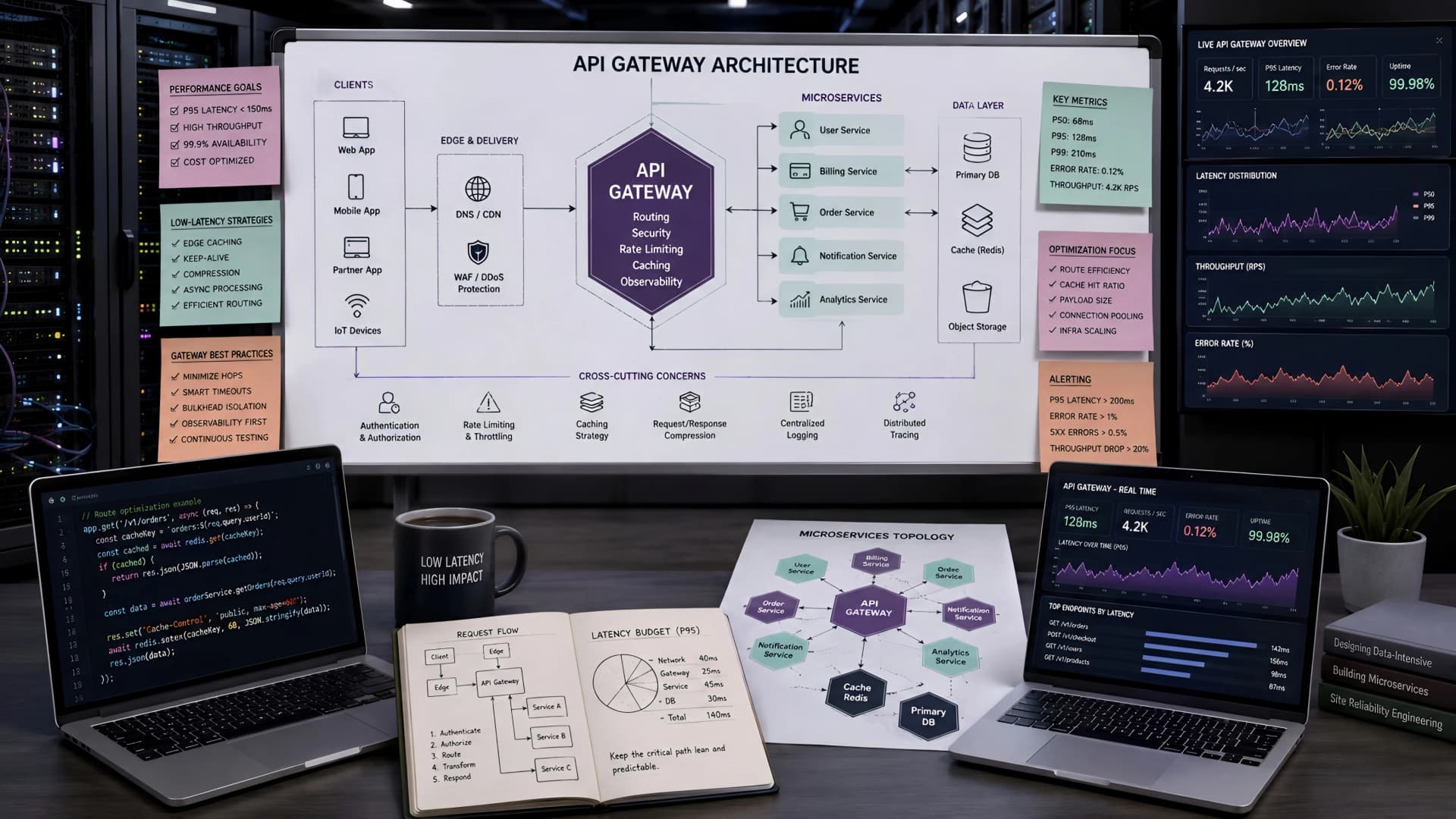Muhyo Tech — editorial blog cover illustrating Optimizing API Gateway Performance: Low-Latency Strategies for SaaS Microservices