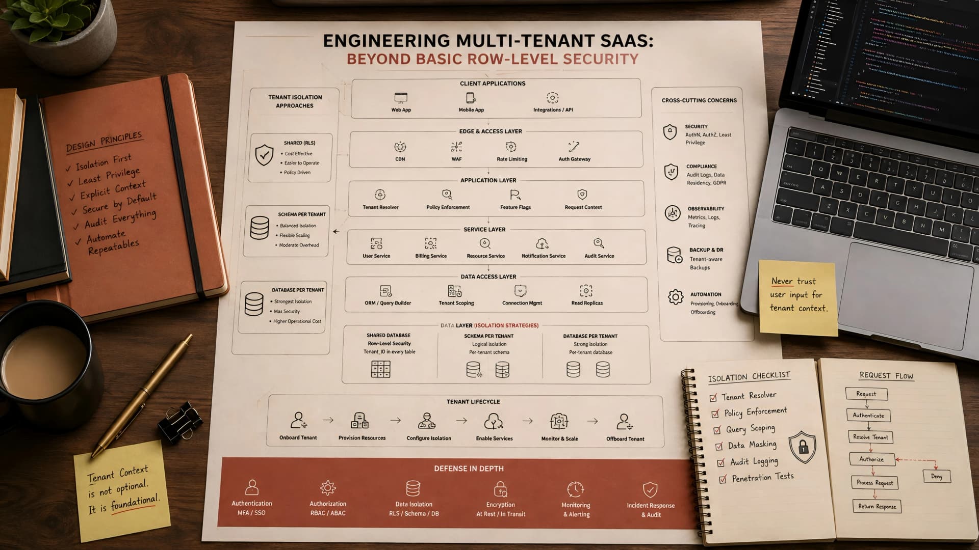 Muhyo Tech — editorial blog cover illustrating Engineering Multi-Tenant SaaS: Beyond Basic Row-Level Security