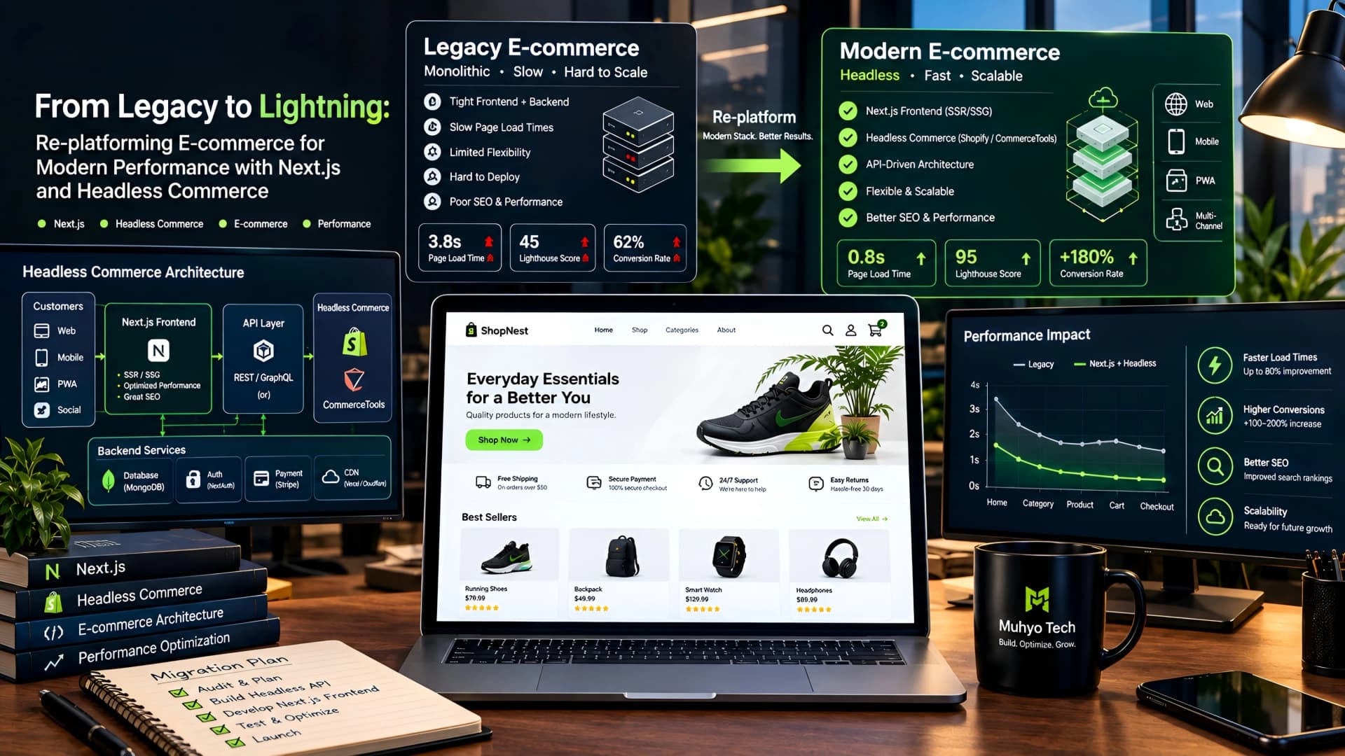 Muhyo Tech — editorial blog cover illustrating From Legacy to Lightning: Re-platforming E-commerce for Modern Performance with Next.js and Headless Commerce