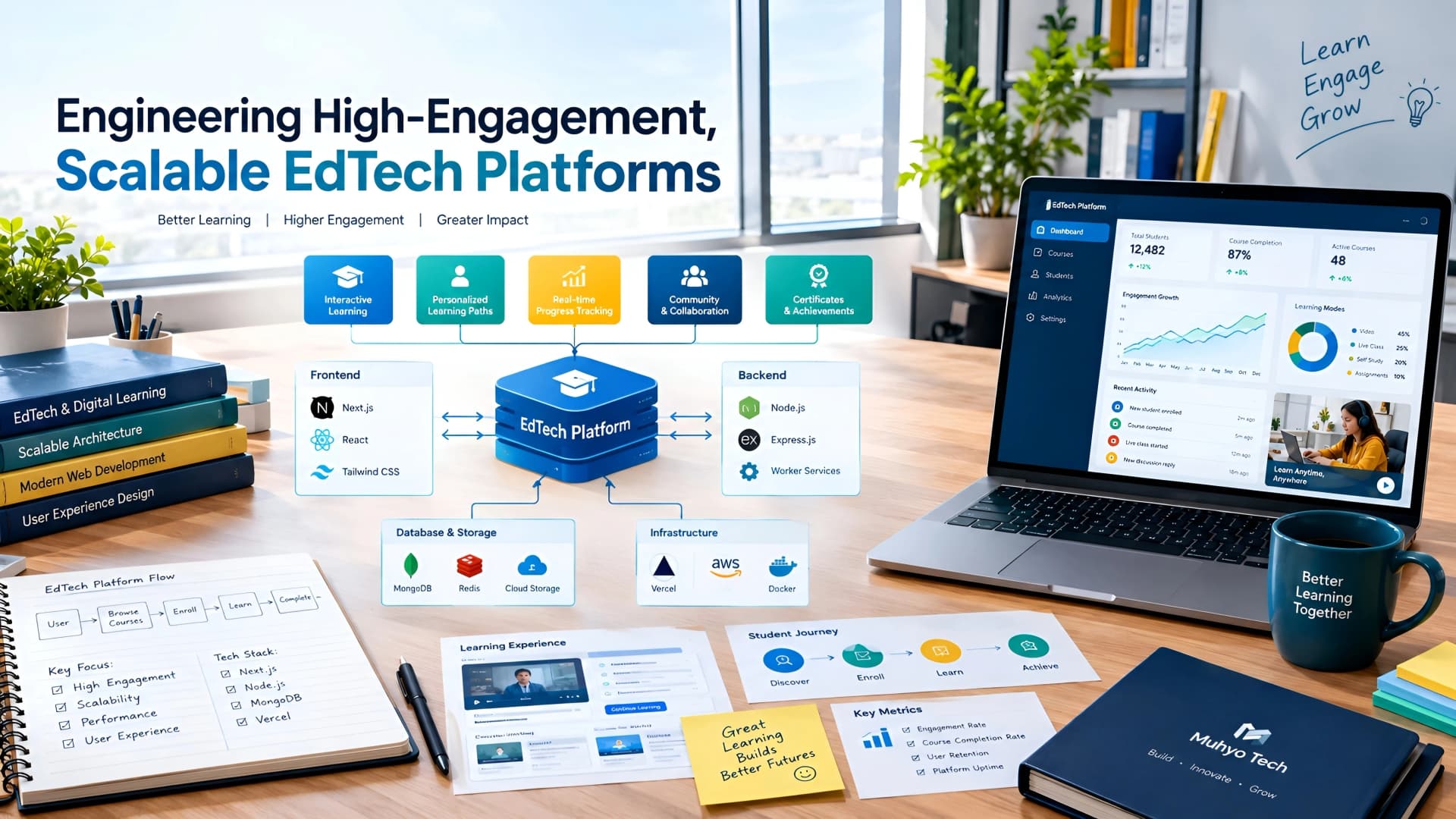 Muhyo Tech — editorial blog cover illustrating Engineering High-Engagement, Scalable EdTech Platforms