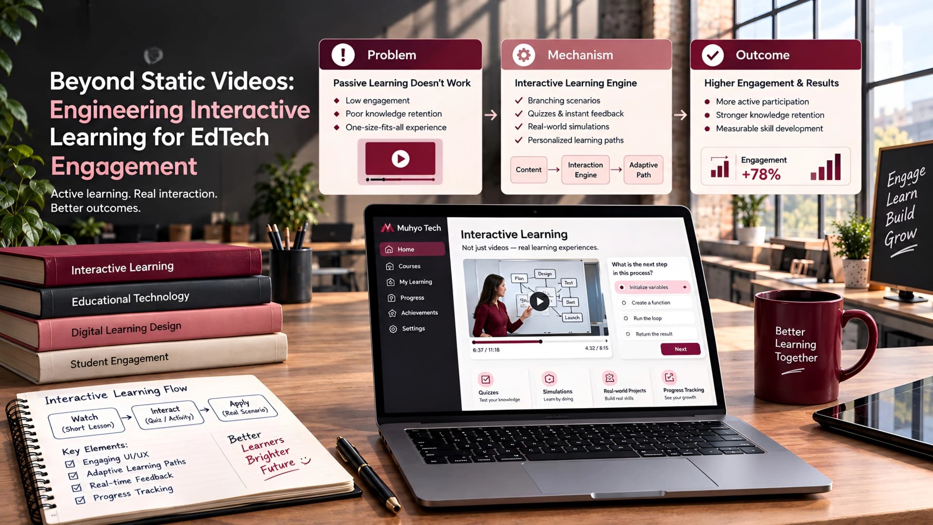 Muhyo Tech — editorial blog cover illustrating Beyond Static Videos: Engineering Interactive Learning for EdTech Engagement