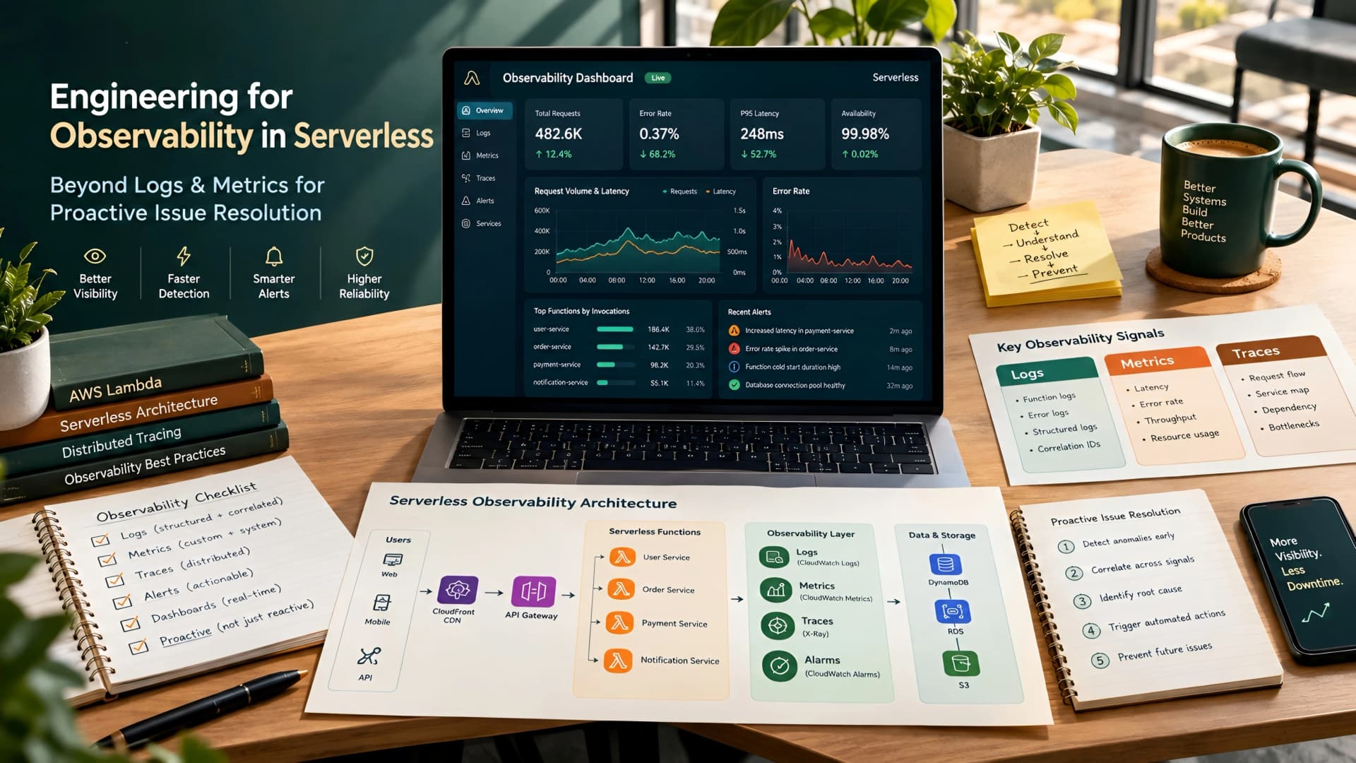 Muhyo Tech — editorial blog cover illustrating Engineering for Observability in Serverless: Beyond Logs & Metrics for Proactive Issue Resolution