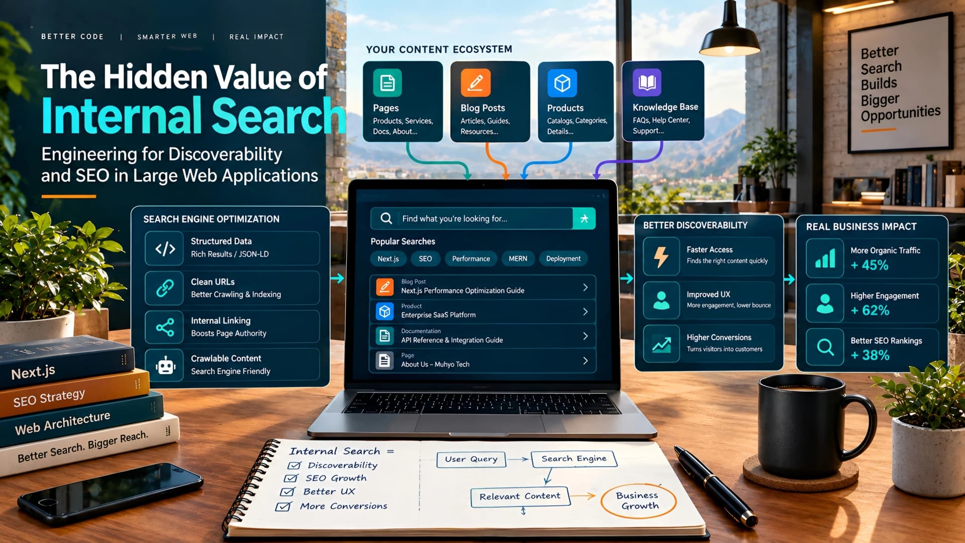Muhyo Tech — editorial blog cover illustrating The Hidden Value of Internal Search: Engineering for Discoverability and SEO in Large Web Applications
