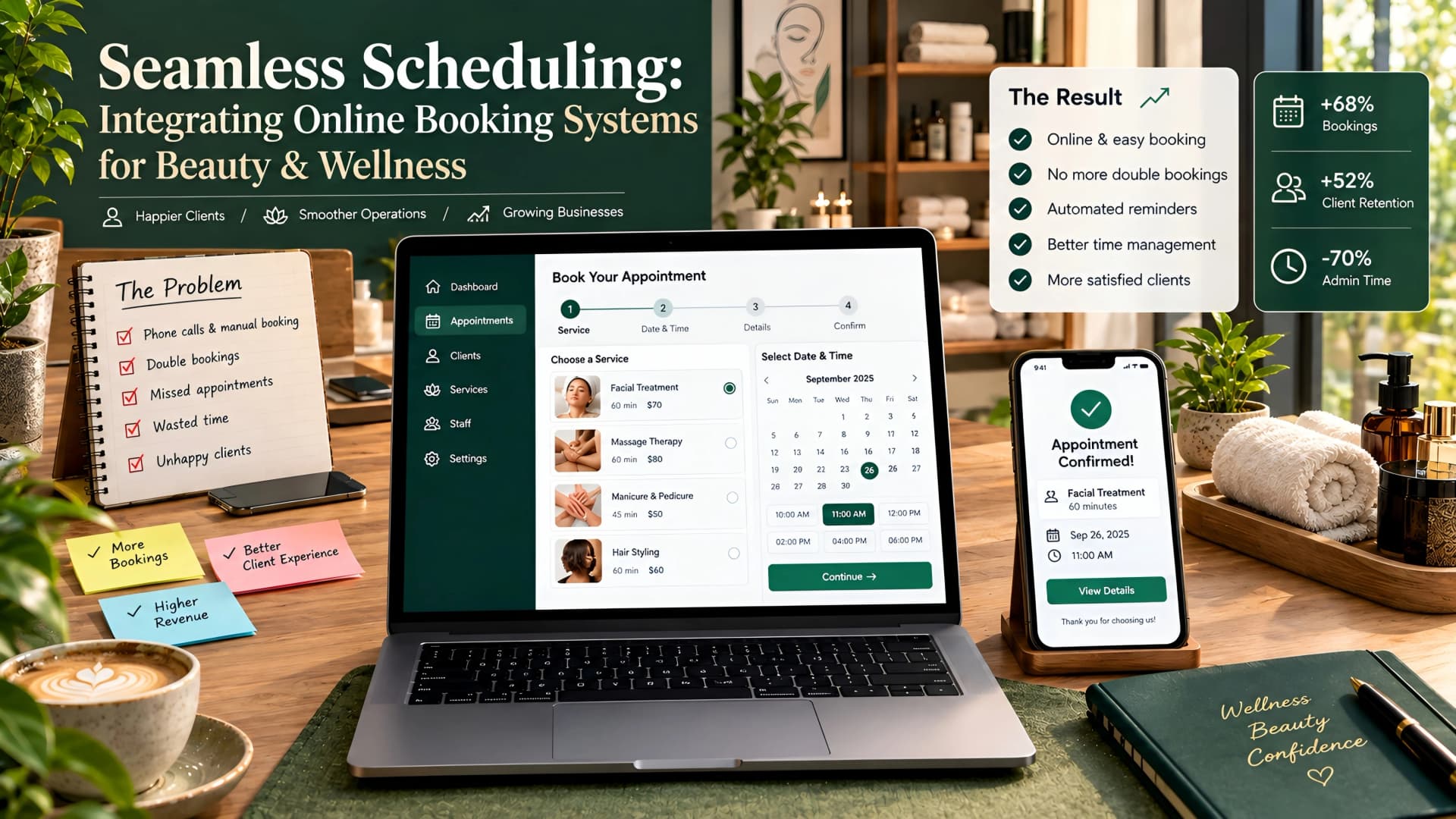 Muhyo Tech — editorial blog cover illustrating Seamless Scheduling: Integrating Online Booking Systems for Beauty & Wellness