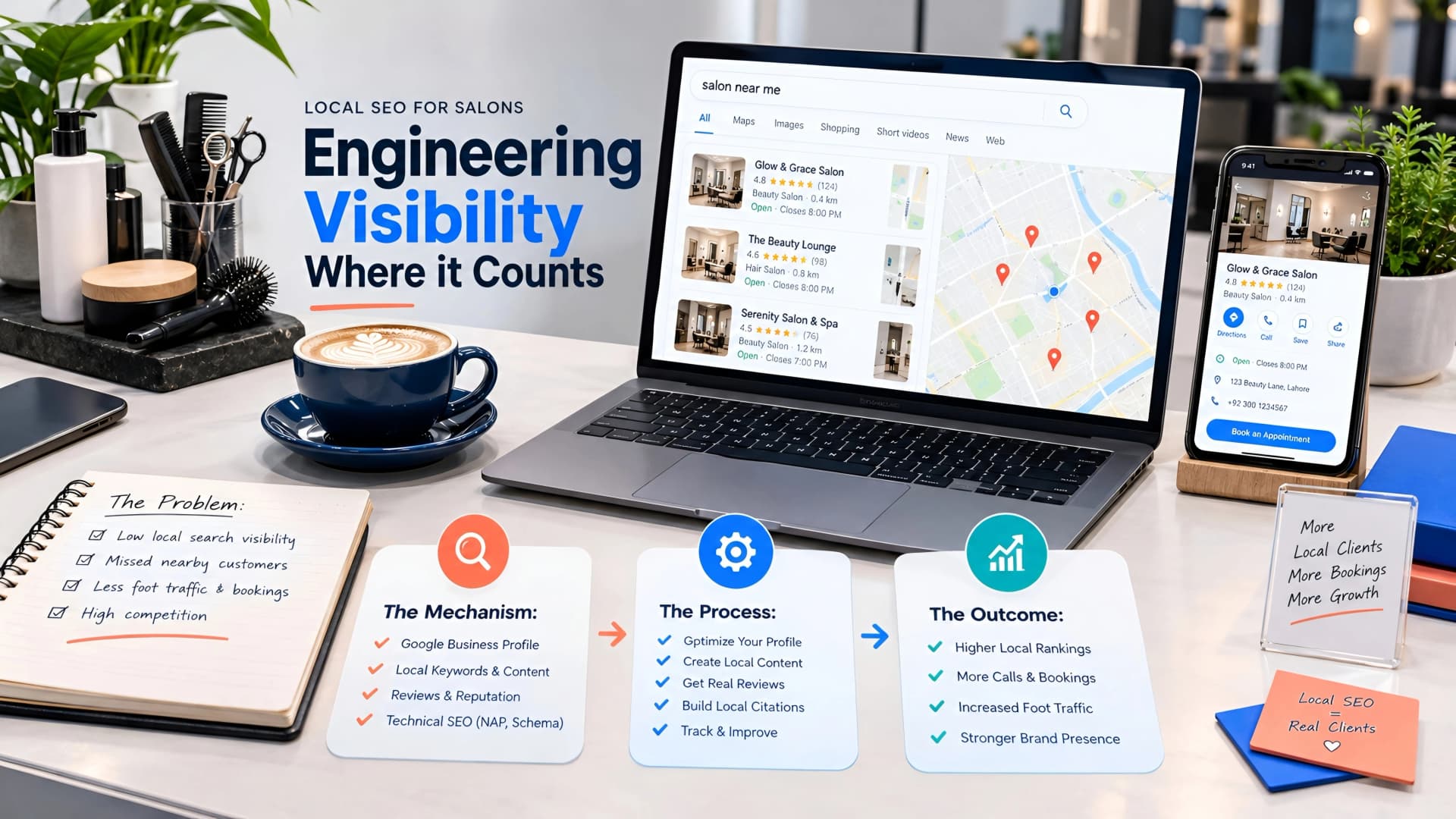 Muhyo Tech — editorial blog cover illustrating Local SEO for Salons: Engineering Visibility Where it Counts