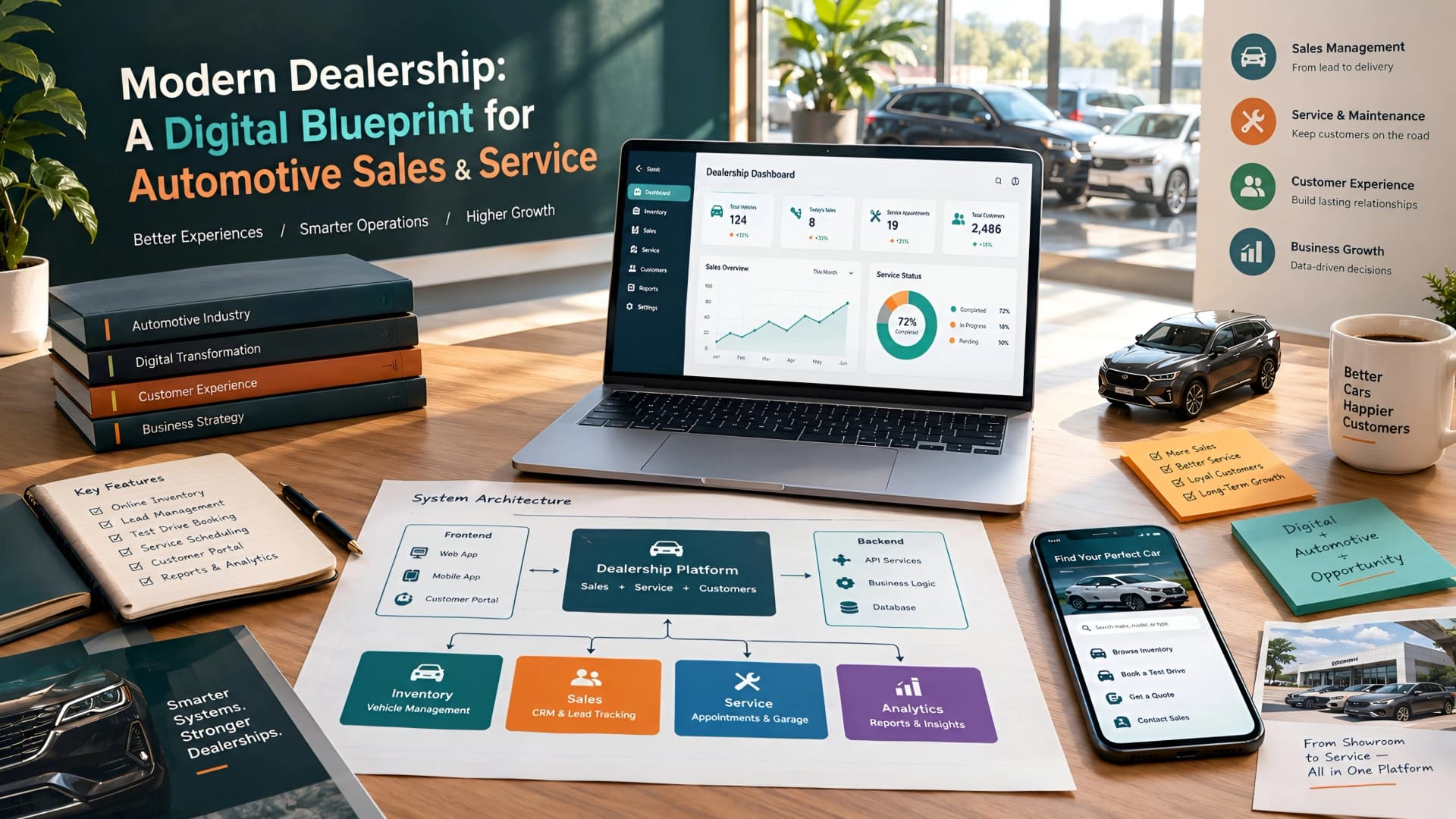 Muhyo Tech — editorial blog cover illustrating Modern Dealership: A Digital Blueprint for Automotive Sales & Service
