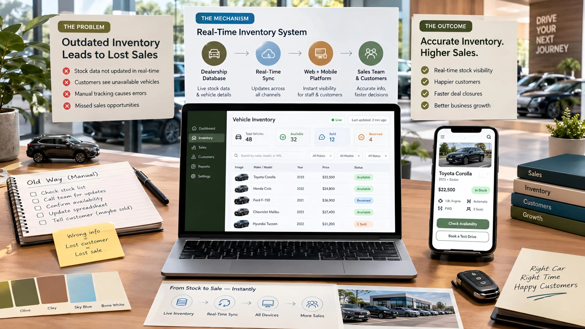 Muhyo Tech — editorial blog cover illustrating Real-Time Car Inventory: Engineering for Dealership Sales Accuracy