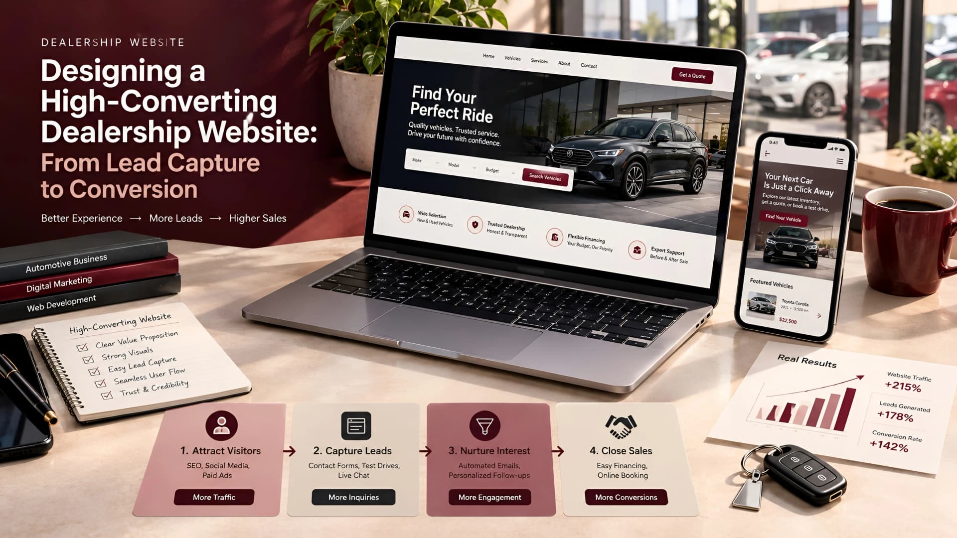 Muhyo Tech — editorial blog cover illustrating Designing a High-Converting Dealership Website: From Lead Capture to Conversion
