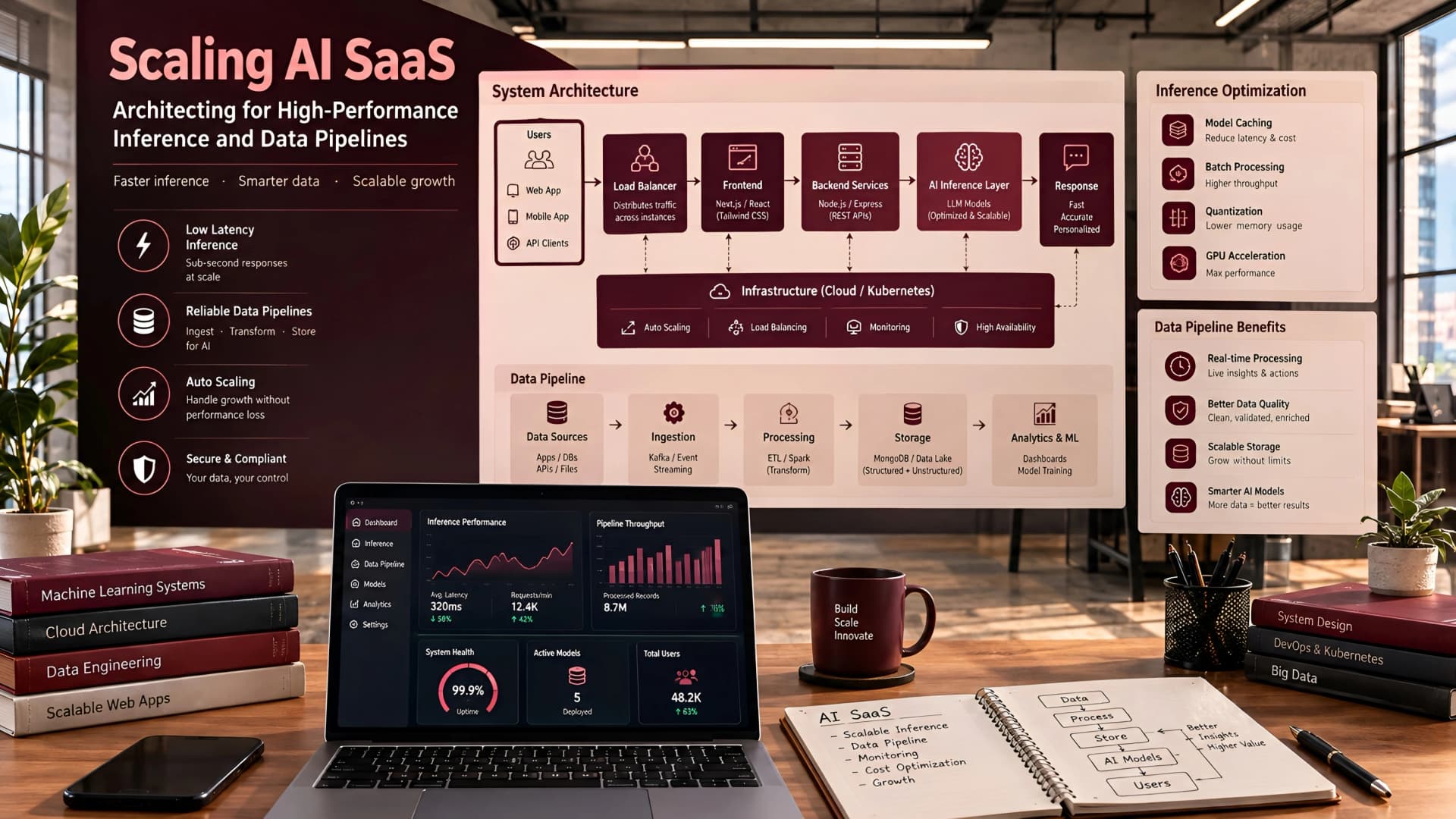 Muhyo Tech — editorial blog cover illustrating Scaling AI SaaS: Architecting for High-Performance Inference and Data Pipelines