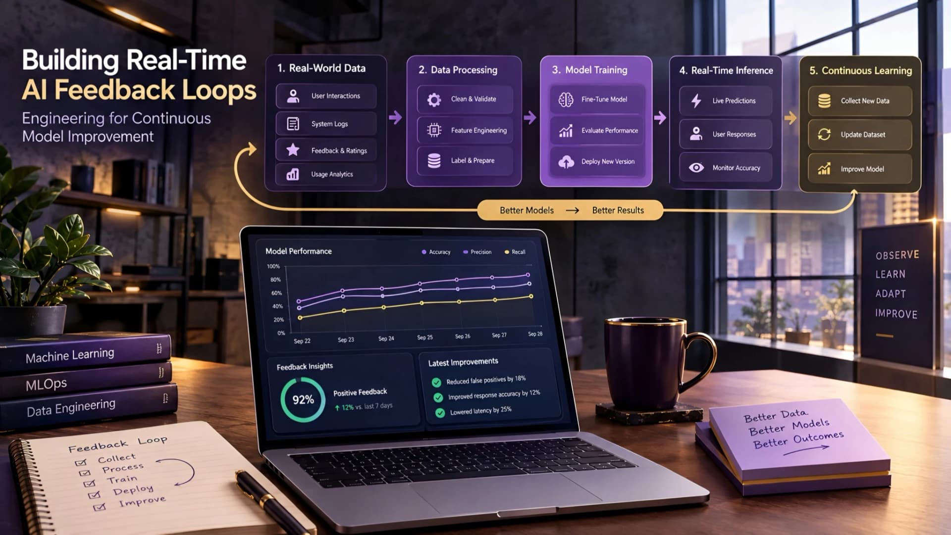 Muhyo Tech — editorial blog cover illustrating Building Real-Time AI Feedback Loops: Engineering for Continuous Model Improvement