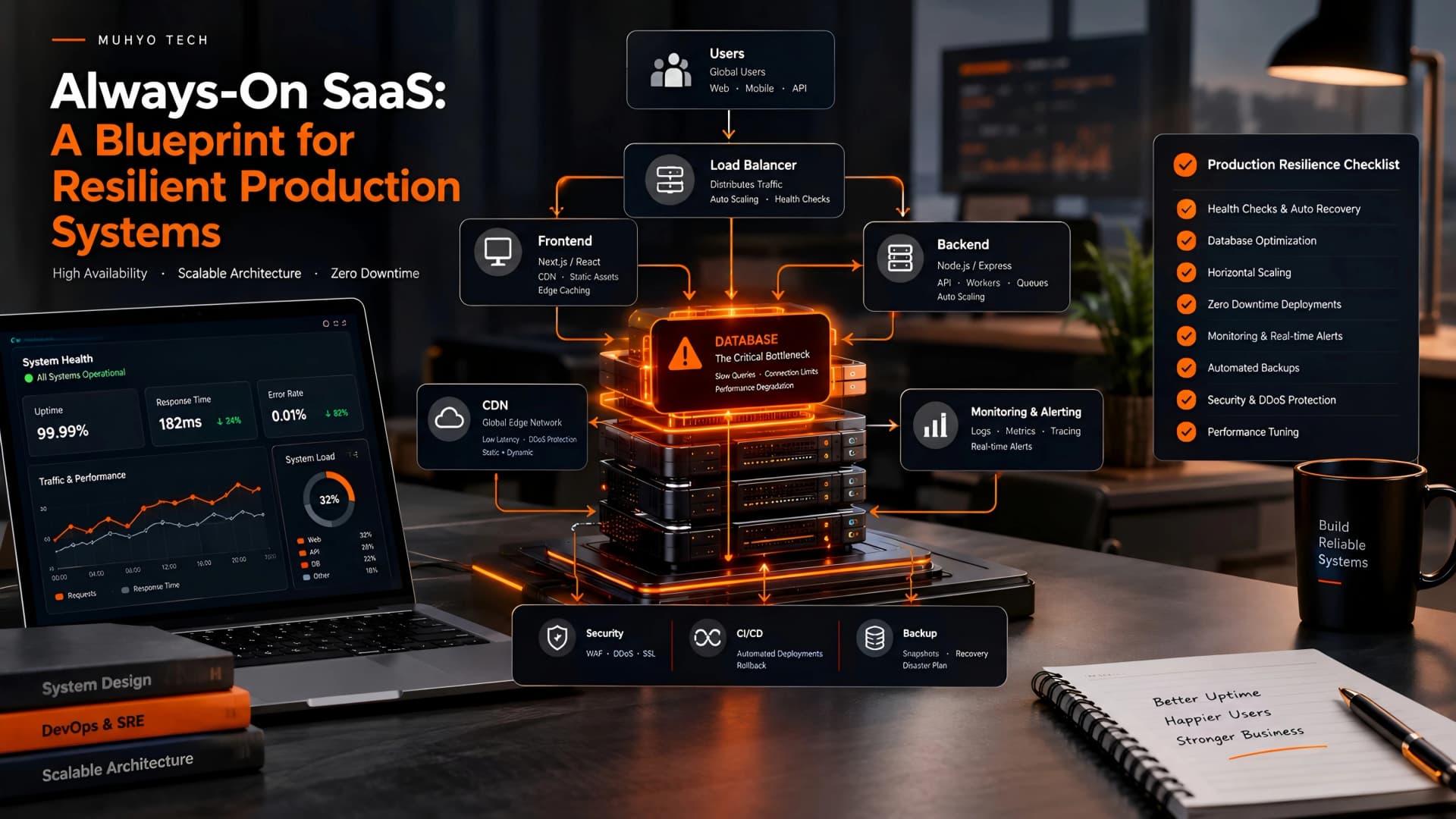 Muhyo Tech — editorial blog cover illustrating Always-On SaaS: A Blueprint for Resilient Production Systems